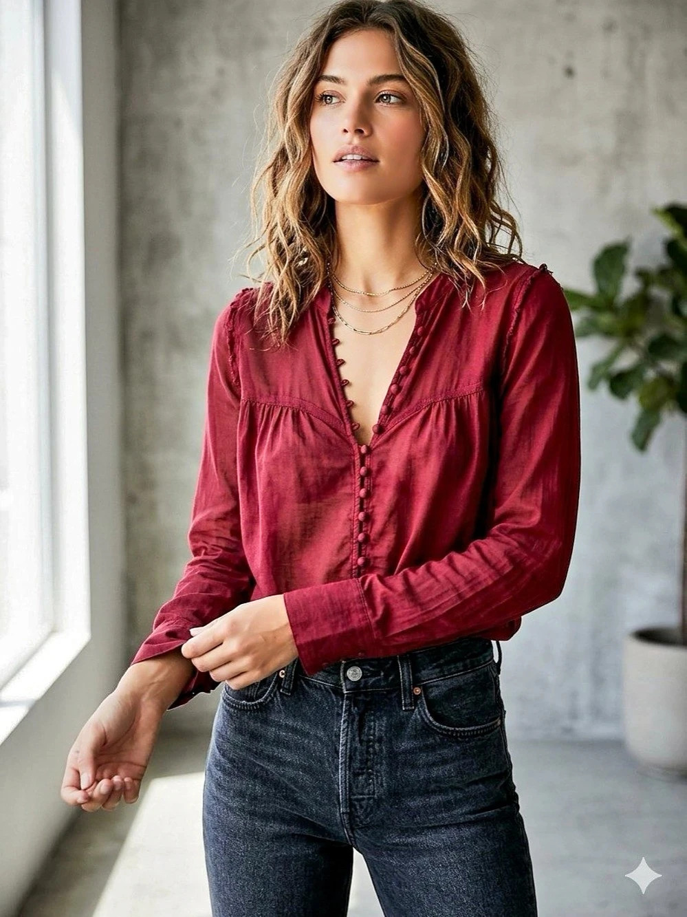 Free People Burgundy Cotton Silk Blend Button-Front Peasant Blouse - Size XS